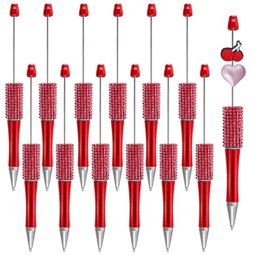 phnydreg 12 Pcs Rhinestones Beadable Pens Plastic Black Ink Beadable Pens for Gift Making Kits Children Students Office School DIY Supplies (Red)