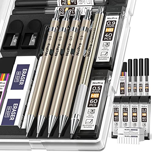 Nicpro 5 PCS Metal Mechanical Pencil Set in Case, Drafting Pencils 0.3 & 0.5 & 0.7 & 0.9 mm & 2mm Lead Pencil Holders (4B 2B HB 2H) Lead Refills(Black & Colors), Erasers For Art Sketching Drawing