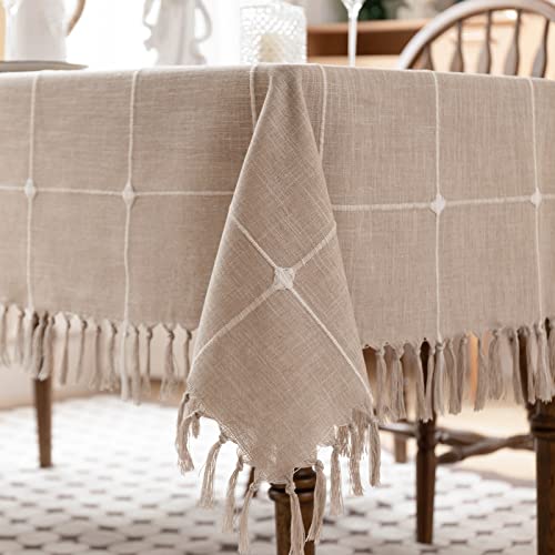 Inutowa Rustic Handmade Tassels Tablecloth - Waterproof Tablecloths For Rectangle Tables Wrinkle Free Oil Stain Resistant Outdoor Table Cover For Party Dining Plaid Table Cloths Coffee 55 X 70 #TOP2