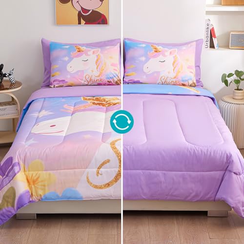 Image of Twin Bedding Sets for Girls 5 Piece,3D Dreamy Lavender Unicorn Comforter Set for Girls, Ultra Soft and Fluffy, Rainbow Bed in a Bag with Comforter Sheets Pillowcase & Sham