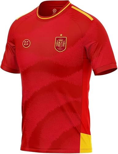 RFEF - Camiseta de Lamine Yamal Número 19 - Réplica Oficial 1ª Equipación 24/25 - Equipación Adulto - Diseño con Escudo de la Selección - Color Rojo y Amarillo - Talla XL