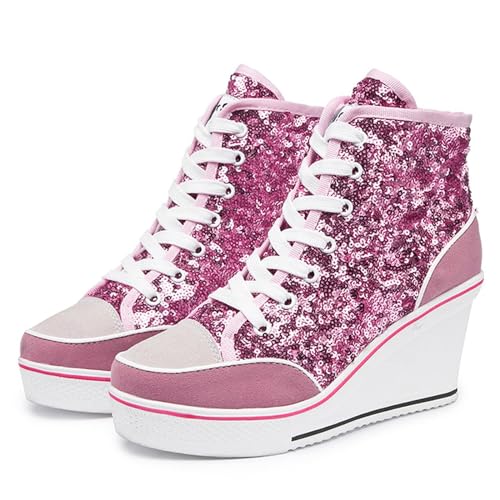 Jiu du Women's Glitter Sneakers Platform Wedge Sneaker Sparkly Sequin High Top Lace Up Sneakers Bling Wedding Dressy Tennis Shoes2