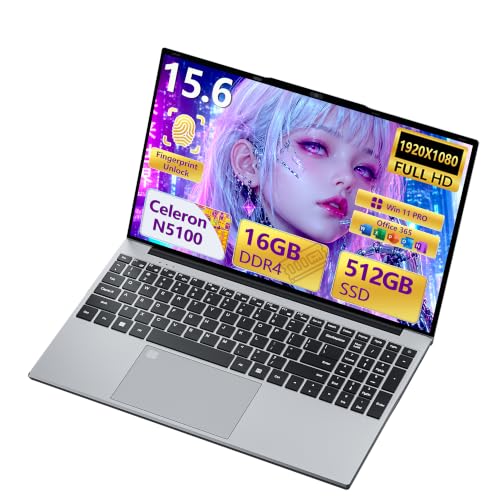 Image of 2026 Laptop, 15.6 inch Laptop Computer with Celeron N5100 16GB RAM DDR4 512GB SSD, 1920*1080, 180Hinge Portable Laptop, WiFi 5, BT 4.2, Win 11 Pro Lightweight Backlit Keyboard Lap Top for Business