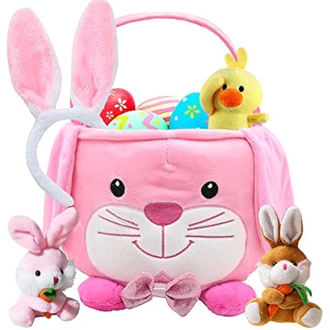 UMEELR Fluffy Bunny Easter Basket for Kids, Cute Easter Basket Playset with Stuffed Plush Duck Keychains, Easter Gifts for Kids Baby Girls Boys, Eggs Hunting, Easter Decorations Party Favor Supplies Cover