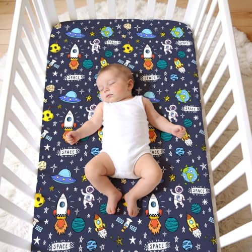 Image of JISEN Baby Fitted Crib Sheets for Boys Girls 52x28 Inch Space Navy