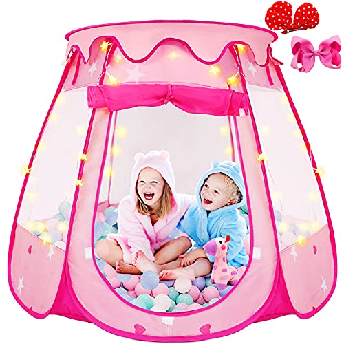 Catisinmyo Pop Up Tent for Girls,Foldable Ball Pits for Toddlers with a Carrying Bag,Toddler Girl Toys Play Tents with Star Light and Hair Bows Clips,as Indoor and Outdoor Playhouse Girl Gift