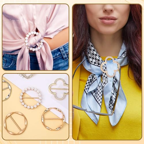 Image of Hoteam 16 Pcs Scarf Ring Clip Tshirt Tie Clips for Women Fashion Metal Round Circle Buckle Clothing Ring Wrap Holder with 1 Storage Bag