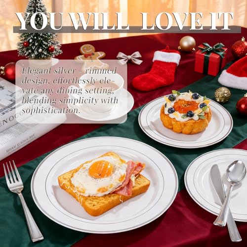 image for WDF 120PCS Plastic Christmas Plates White Silver Rim - Disposable Plat