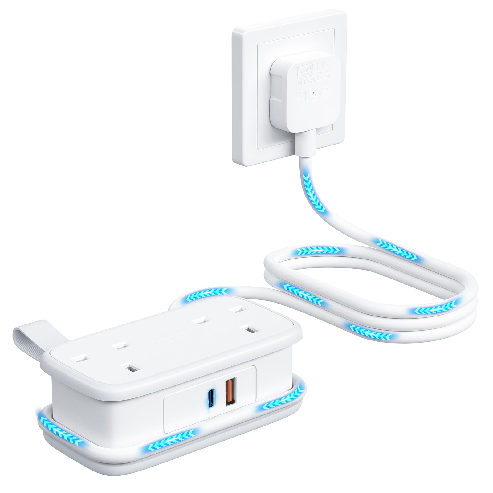 NTONPOWER Extension Lead with USB C Slots(PD 45W Type-C), Travel Extension Lead with 1.2M Extension Cord, 2 Way Multi Plug Socket Small Power Strip for Travel, Home Office, Hotel