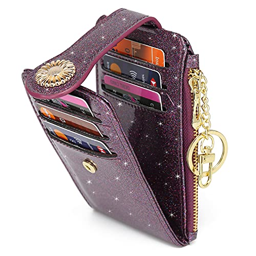 Yuhan Pretty RFID Credit Card Holder Wallets for Women Small Zipper Bifold Card Case Keychain (Glitter Purple)