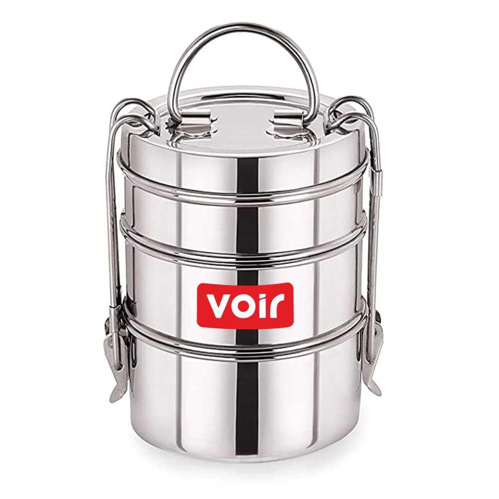 Voir Stainless Steel Lunch Box/Tiffin with Locking Clip, Hot & Cold, Compact & Durable, Perfect for Office, School, Picnic and Travel use - Size 4x3 inches (3 Tier - 1200ml Capacity)
