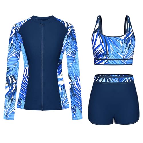 Traje de baño de 3 piezas para mujer, con protección UV UPF 50+, manga larga, traje de baño con cremallera, conjunto de bikini modesto, protección solar, camiseta de natación, parte superior de