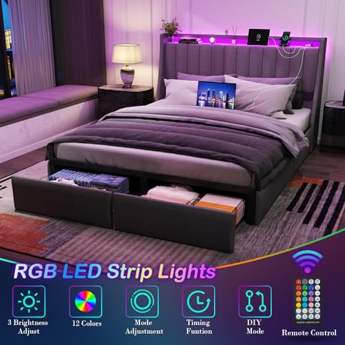 Image of Full Size Bed Frame with Upholstered Storage Headboard and 2 Drawers | Full Size Metal Platform Bed with LED Lights and Charging Station, Noise-Free, No Box Spring Needed, Easy Assembly, Gray