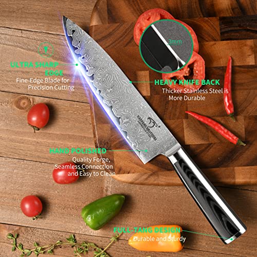 Foto von Damastmesser Set 7tlg und Holz Griff,Damaststahl Messerblock Sets, Profi Chefmesser Santokumesser Universalmesser Obstmesser Brotmesser und Küchenschere, Damast Küchenmesser und Kochmesser