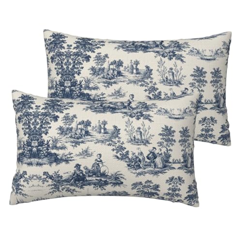 VIREOTHIA French Country Lumbar Pillow Covers 12x20 Set of 2 Blue Decorative Throw Pillow Cover Vintage Rectangle Pillowcases Cushion Covers for Couch Bed Sofa Decor