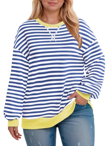 Image of ROSRISS Womens-Plus-Size-Oversized-Sweatshirts Striped Colorblock Long Sleeve Shirts Casual Crewneck Pullover Sweaters XL-5XL
