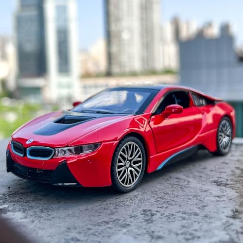 Image of 1:32 BMW i8 Diecast Toy Car Pull Back Metal Car with Openable Doors Sound & Light Features Realistic Kids Gift & Collectible Model for Boys & Girls (Red)