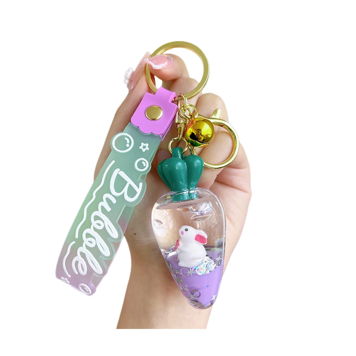 ZDHC Cute Carrot Floating Rabbit Keychain Kawaii Anime Moving Liquid Quicksand Bunny Keyring Car Bag Charm for Women Girls