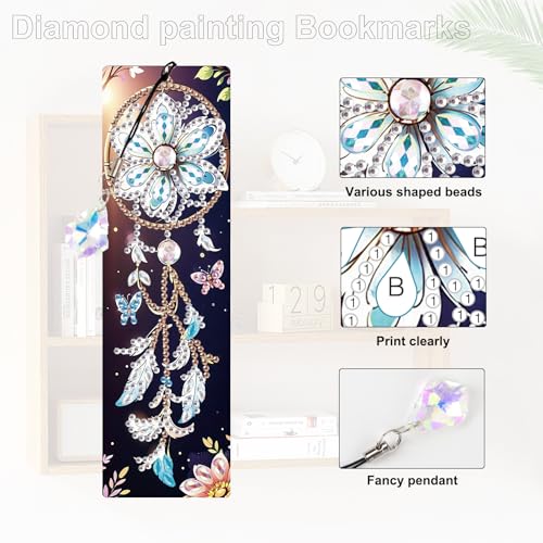 Image of 4 Pack Diamond Painting Bookmarks for Adults, 5D DIY Diamond Art Bookmark Kit with Tassels, Rhinestone Craft Supplies for Reading Lovers, Dreamcatcher & Butterfly Designs
