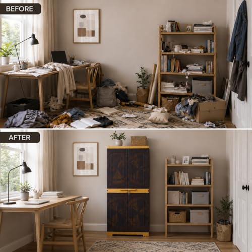 Image of Plastic Cabinet with Lockable Doors, 3 Shelves, Teakwood and AmberGold, Adjustable Shelves, Water Resistant
