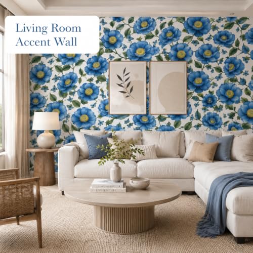 Image of Blue Floral Botanical Peel and Stick Wallpaper - Vintage Flower & Butterfly Self Adhesive Wallpaper Roll for Bedroom, Living Room, Kitchen, Furniture, Cabinets & Home Decor
