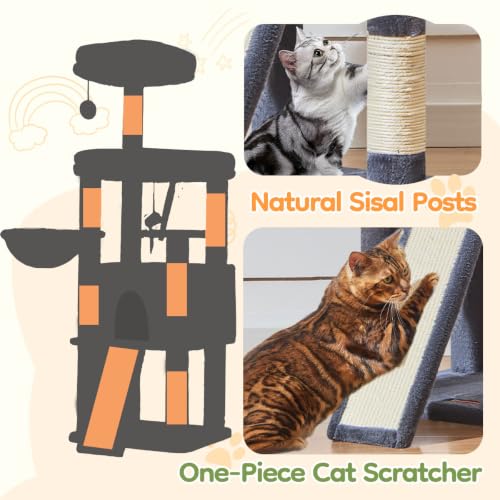 Image of Taoqimiao Sturdy Cat Tree, Cat Tower for Indoor Cats, Extra-Large Platform | 58.7Inch, Widened Cat Condo with Large Scratch Board, Top Perch, 6 Sisal Scratching Posts, Soft Basket, Smoky Gray MS045SG