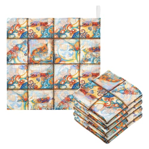 Kigai Colorful Mediterranean Style Ceramic Tiles Baby Washcloths,5pcs Ultra Soft Absorbent Towel,Newborn Bath Face Towel, Natural Reusable Baby Wipes for Sensitive Skin, Baby Registry as Shower