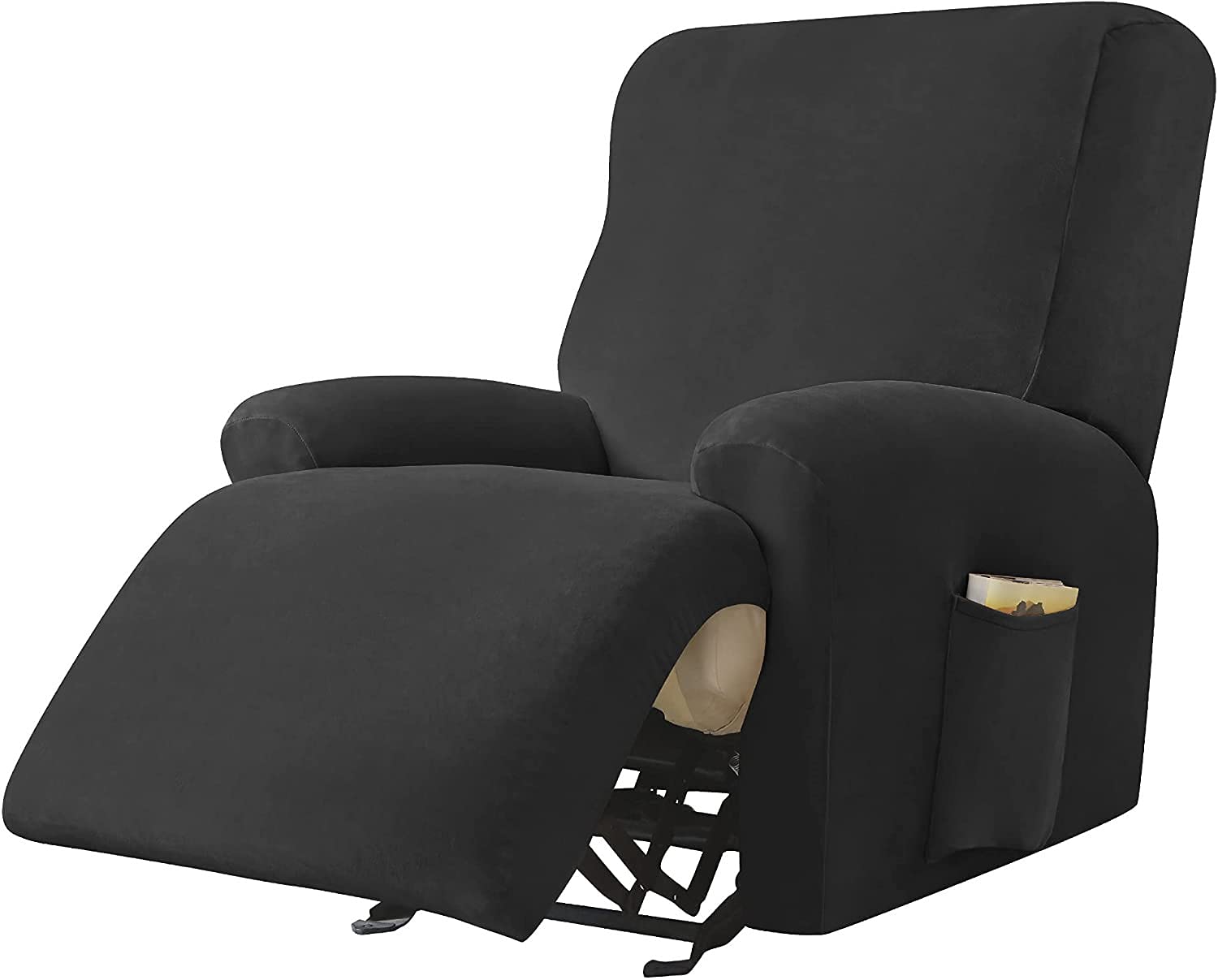 4-teilige Samt Ruhesessel Bezüge, Stretch Velvet Plush Relaxsessel Bezug für Wohnzimmer mit Seitentasche, Sesselschoner für Fernsehsessel, Sitzbreite 58-89cm (Schwarz)