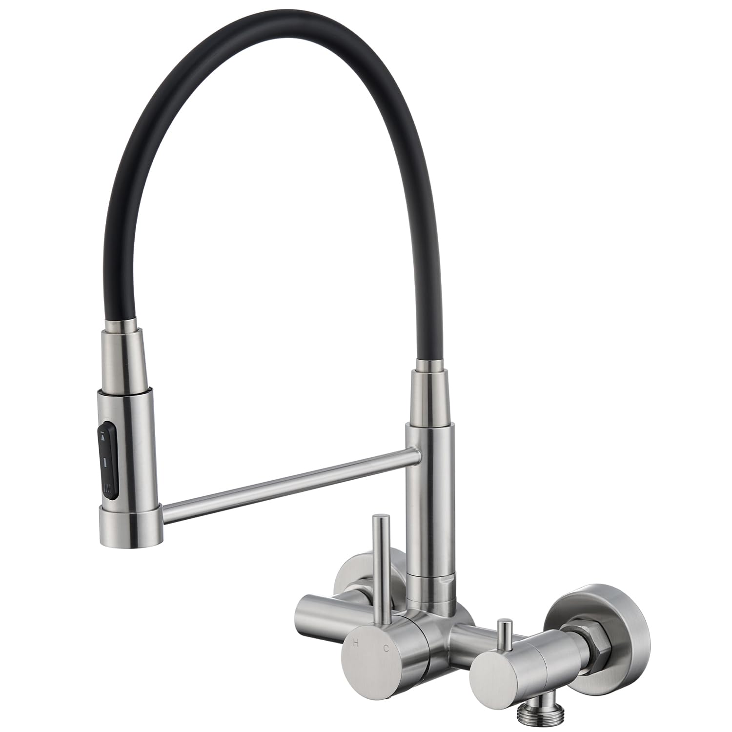 Wasserhahn Küche Wandmontage mit 3/4 Zoll Anschluss, Küchenarmatur Wand für Geschirrspüler/Waschmaschine, Wandarmatur mit 3 Strahlarten, 360° Drehbar Flexibler Auslauf, Gebürstetes