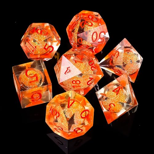 Fugacity DND Dice Set, Liquid Core Handmade Sharp Edge 7 Piece Resin Dice-Dungeons and Dragons Polyhedral Dice Set, D&D Dice Set with Gift Dice Case for RPG MTG Table Games(Orange Red)