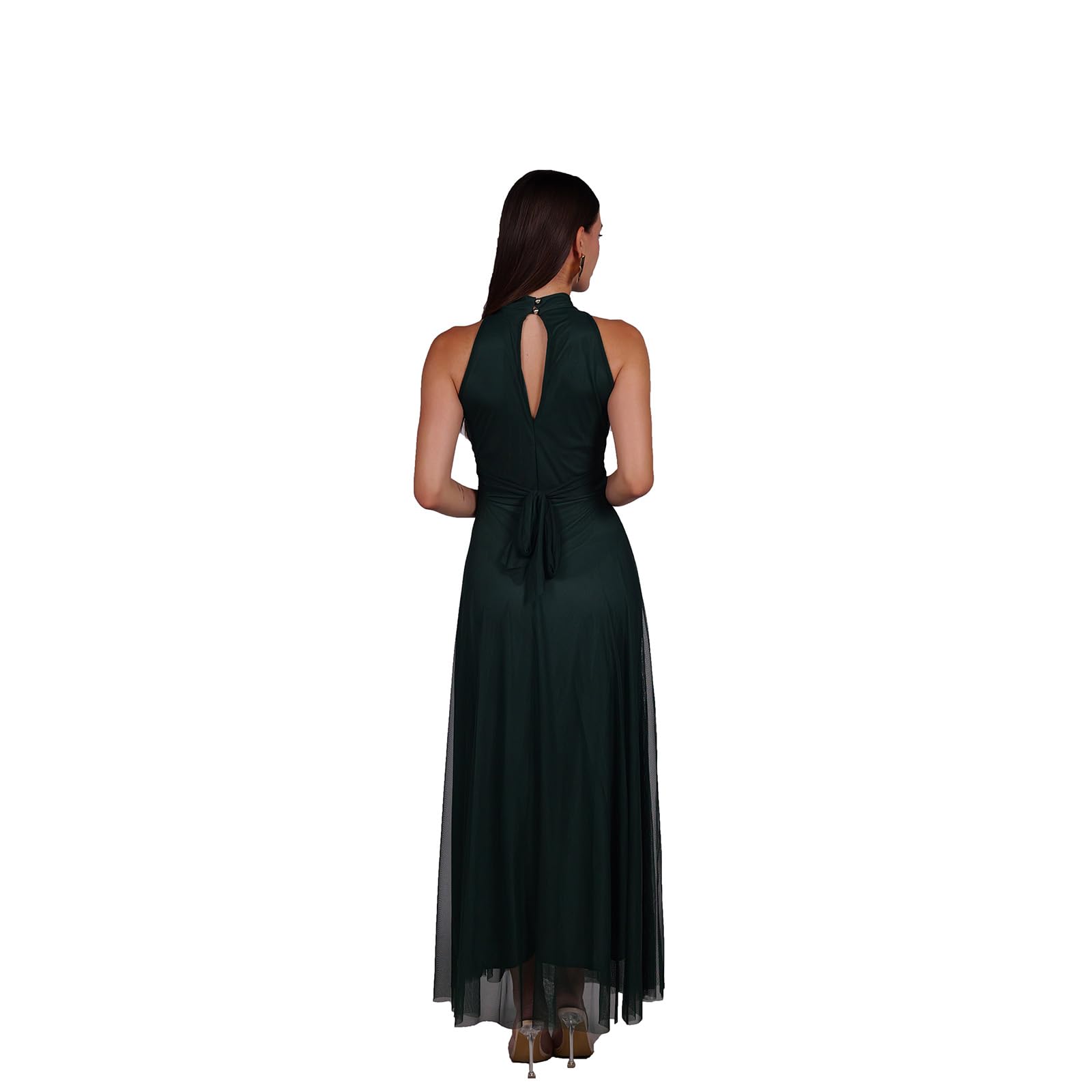 Abito Lungo Elegante Donna con Stola Coordinata – Collo Alto Senza Maniche, Linea Fluida in Tulle – Vestito da Cerimonia Made in Italy