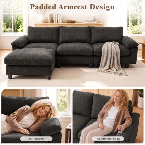 Image of Sectional Couches for Living Room, 109 inch L Shaped Cloud Sofa & Couch | Upholstered Armres, 22 inch Seat Depth, Movable Ottoman, Comfy Chenille, Easy Assembly, Black