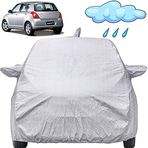 Image of Swift Waterproof Car Cover with Mirror & Antenna Pockets, Shinning Silver Design, Non Woven Fabric,Triple Stitched, Compatible with Maruti Swift Car Cover (2005 to 2017), Car Accessories
