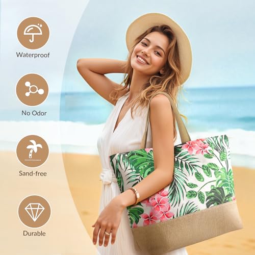 Image of Trifabricy Beach Bag for Women, Large Beach Tote Bags with Zipper, Woven Straw Tote Waterproof, Swim Gym Shopping Travel Bag
