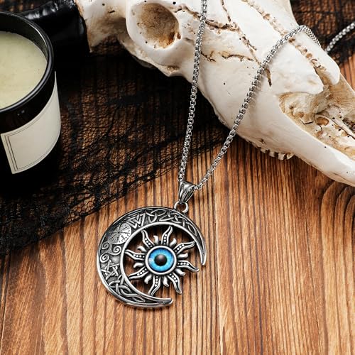 TURTLEDOVE Sun Moon Viking Necklace - Stainless Steel Evil Eye Crescent Moon Celtic Pendant - Lucky Amulet Moon Jewelry3