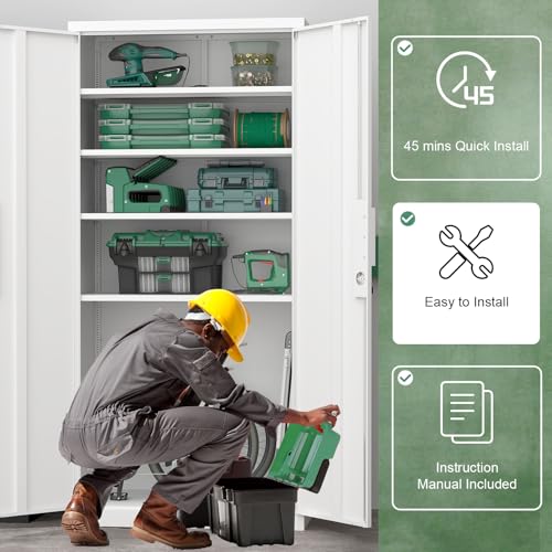 Image of Metal File Cabinet, Office Organizer with Doors and Shelves, 72.05 inch H White Storage Cabinet for Home Office, School, Heavy Duty Locker for File Supplies