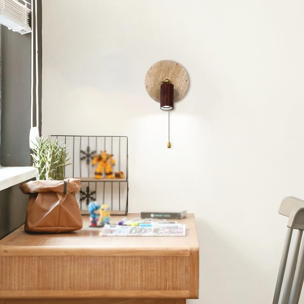 Kamienny kinkiet ścienny Wabi Sabi, regulowany drewniany łańcuch światło żółty trawertyn kinkiet 3 tryby kolorów lampa do sypialni salonu