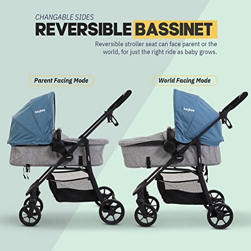 Image of Baybee Convertible Baby Stroller Pram for Newborn to Toddler (0-3 Years) | Reversible Bassinet Seat, Adjustable Canopy & Recline, 5-Point Safety Harness, Foldable Baby Stroller for Boys & Girls (Blue)