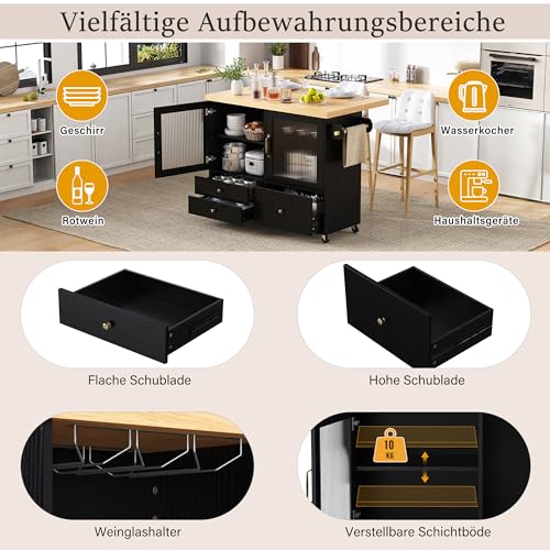 HMHKHN Isla de cocina móvil, carrito de cocina, mesa de comedor extensible, armario de buffet, armario de cocina con ruedas, soporte para copas de vino y espacio de almacenamiento, para cocina - imagen 5