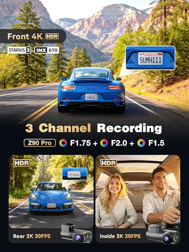 Image of DDPAI 3 Channel 4K HDR Dash Cam, STARVIS 2 IMX678, Dashcam for Cars with 128G eMMC, Front Inside and Rear Triple Car Camera with GPS, 3 inch IPS,ADAS,24H Parking Mode,Support 512GB,Z90 Pro 3CH