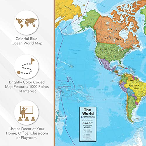 Waypoint Geographic Blue Ocean World Wall Map (24" X 36") - Current Up-To-Date - 1000'S Of Named Locations & Points Of Interest - Rolled & Laminated - Display In Office, Classroom Or Home #TOP3
