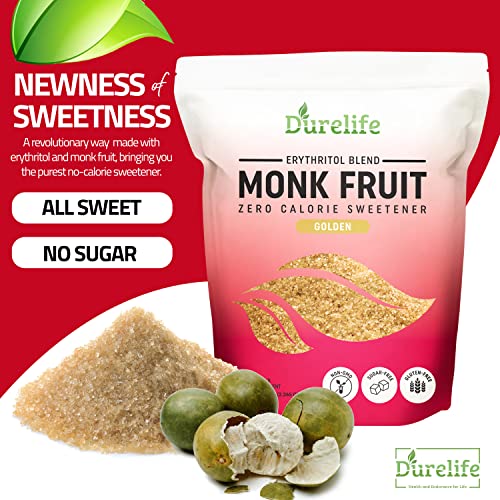 Durelife Golden Monk Fruit Sweetener, 1:1 Sugar Replacement, Keto Diet Friendly, Zero Calorie, Kosher Sugar Substitute, Golden - 5 Lb Bulk Size (Packaging May Vary) #TOP2