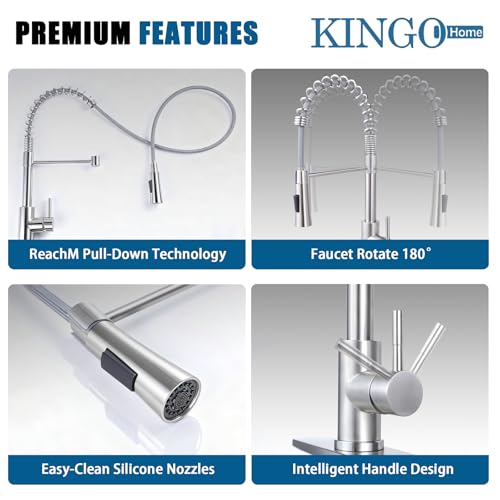Image of KINGO HOME Kitchen Sink Faucet with Pull Down Sprayer, Brushed Nickel Stainless Steel Bar Faucet Single Handle, Commercial Pull Out Faucets for Kitchen Sink, Laundry Bar RV Camper Outdoor