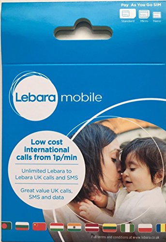 Lebara 3 G internacional Pay as you go SIM tarjeta (Micro, Nano, estándar)  intercambiables Tarifa llamadas textos datos de Internet para iphone, ipad Tablet Galaxy teléfonos móviles por Fone-Stuff