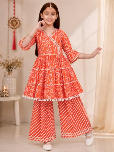 Image of Preneum Girl's Cotton Rayon Bandhani & Lahariya Printed Angrakha Kurta with Sharara & Dupatta