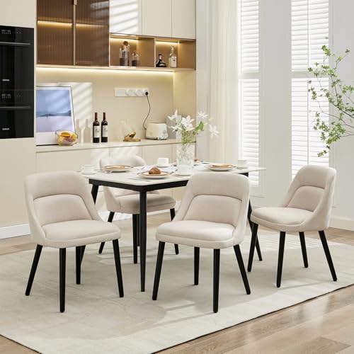 GAOMON Set of 4 Upholstered Dining Chairs, Modern Linen Fabric Accent Chairs with Wood Legs, Comfortable Side Chairs for Dining Room, Kitchen, Café, Living Room, Sillas de Comedor, Beige