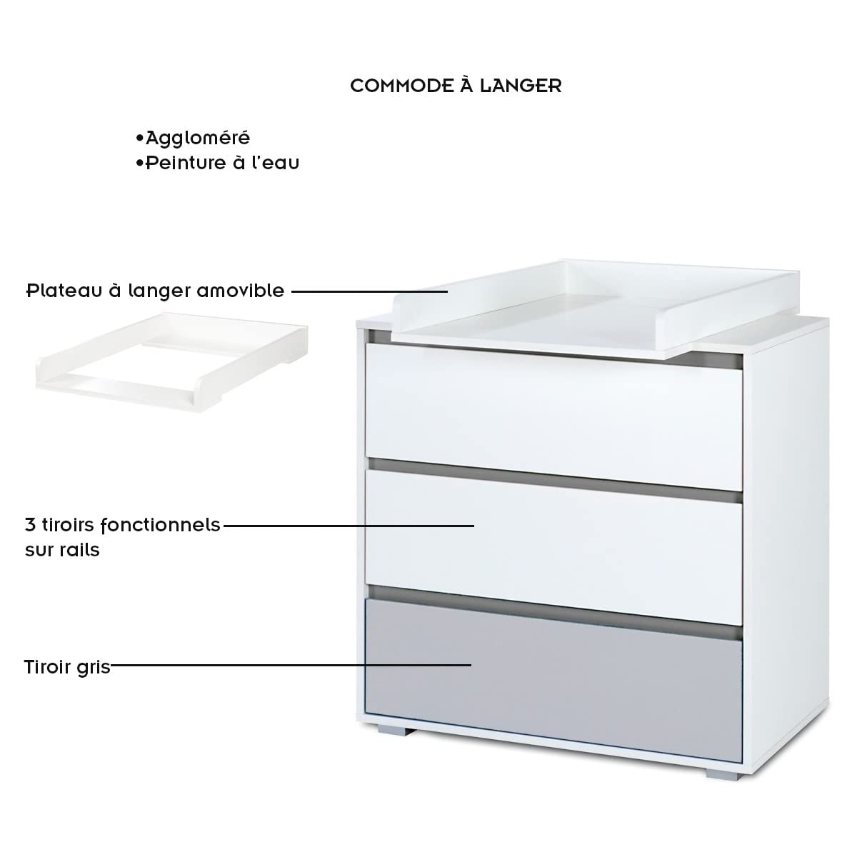 Mon Mobilier Design Dalia Ensemble Commode à Langer + lit bébé évolutif Blanc 120X60 + tiroir