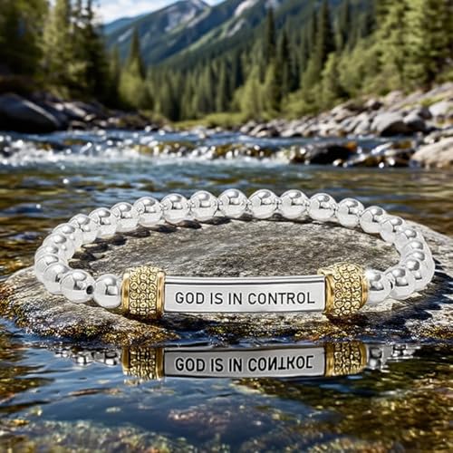 God Is in Control Bracelet For Women, Dainty Diamond Beaded Stretch Bracelet Religious Inspirational Bible Verse Engraved Stainless Steel Tube Christian Faith Self Worth Motivational Jewelry Gifts4