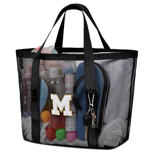 Nidoul Mesh Beach Bag Large Initial Tote Bags Reusable Grocery Bags Foldable for Women Pool Swim Travel Vacation Essentials1