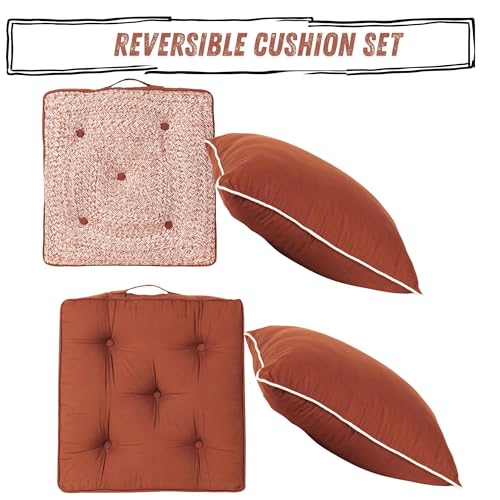 Image of Brown Woven Quilted Floor Cushion Set 60x60x10 CM with Fillers & Back Cushion, Large Size for Seating, Patio Seat, Meditation, Yoga, Pooja, Guests, Living 24x24x4 Inch